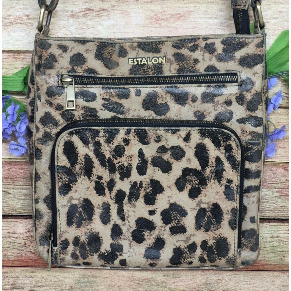 Estalon Leather Cheetah Leopard Print Crossbody Purse Adjustable Straps Zip Top